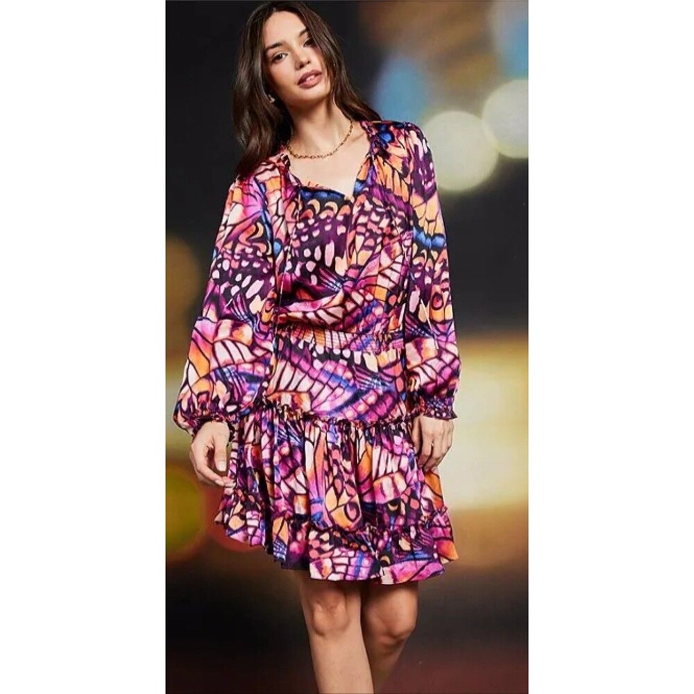 NWT Skies are Blue Silky Butterfly Mini Dress Long Sleeve Boho Flowy Sz Lg